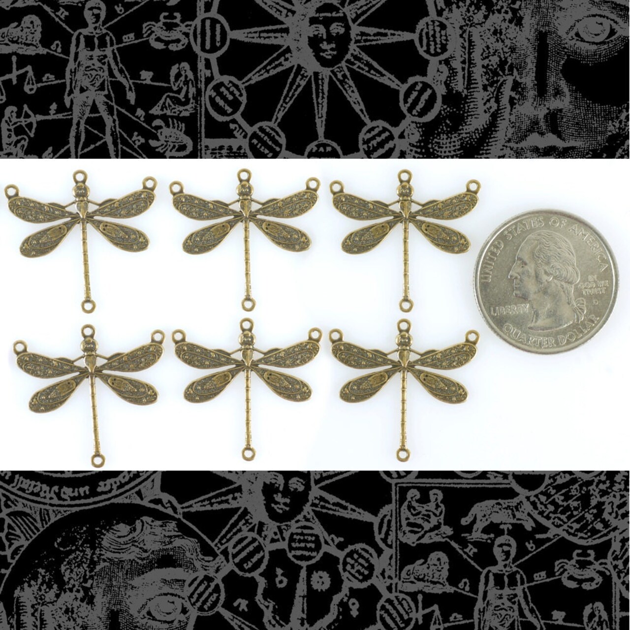 Antiqued Brass Dragonfly Four Ring Connectors - Set of Six - AB-4C06